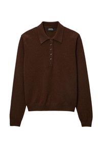 Chandail polo en tricot marron avec col, manches longues et fermeture à boutons à l'avant comportant six boutons. Texture douce, tissu léger.