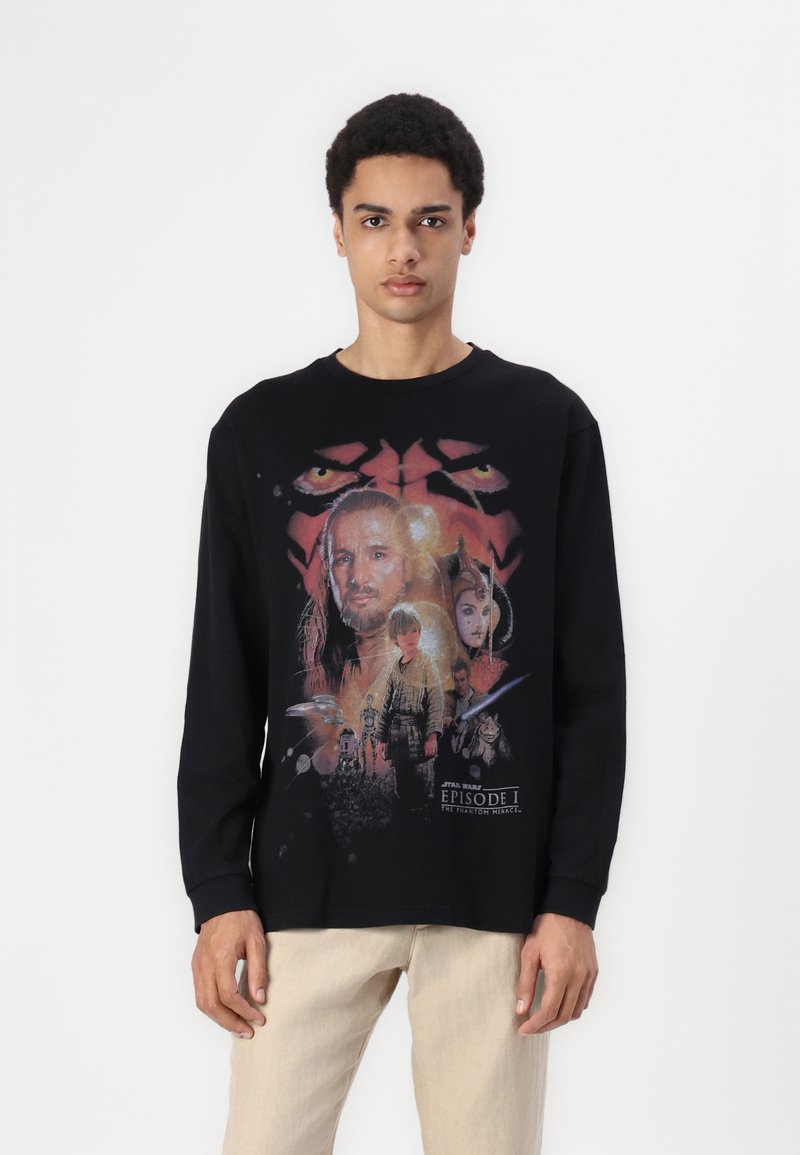 Long-sleeve black t-shirt featuring a colorful graphic print of characters from "Star Wars: Episode I - The Phantom Menace."