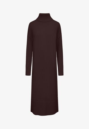 Braunes gestricktes Rollkragenkleid mit langen Ärmeln, gerippten Bündchen und Saum, gerader Silhouette und dezentem Logo-Akzent am unteren Ende.