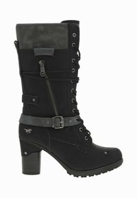 Bottines noires à lacets avec un talon haut, dotées d'une tige texturée, d'une fermeture éclair latérale, d'un détail de boucle et d'une semelle robuste.