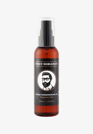 Bernsteinfarbenes Glasflasche mit schwarzem Pumpenkopf. Das Etikett zeigt eine kreisförmige Illustration und den Text "BEARD CONDITIONING OIL, Duftfrei." 100 ml.