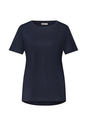 T-shirt bleu marine à manches courtes et col rond, avec un ourlet légèrement incurvé et une étiquette de la marque Street One sur le col.