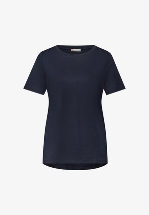 Tmavě modré tričko s krátkým rukávem, kulatým výstřihem a mírně zakřiveným lemem, se štítkem značky Street One na límci.