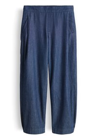 Pantalon large en denim bleu avec une taille élastique et des poches latérales, présenté à plat sur un fond blanc.
