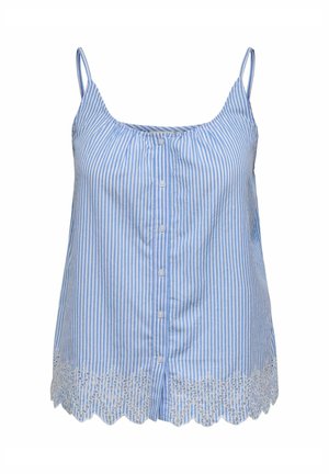 Blouse sans manches à rayures verticales bleues et blanches, avec fines bretelles, boutons sur le devant et détail festonné en dentelle à l'ourlet.