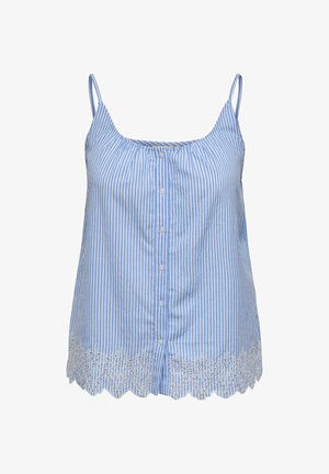 Blouse sans manches à rayures verticales bleues et blanches, avec fines bretelles, boutons sur le devant et détail festonné en dentelle à l'ourlet.