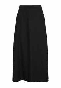Jupe noire mi-longue en mélange de lin, dotée d'une taille ajustée et d'une silhouette droite sans embellissements.