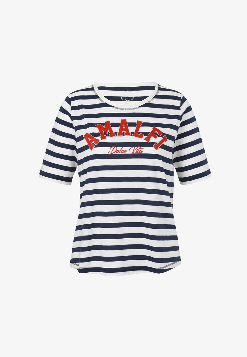 Gestreiftes T-Shirt in Marineblau und Weiß mit kurzen Ärmeln und rundem Halsausschnitt, mit "AMALFI" in roten Buchstaben und "Dolce Vita" darunter.