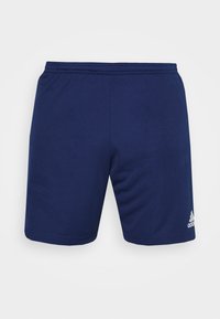 Short de sport bleu marine avec taille élastique et petit logo blanc Adidas sur la partie inférieure de la jambe droite sur fond uni.
