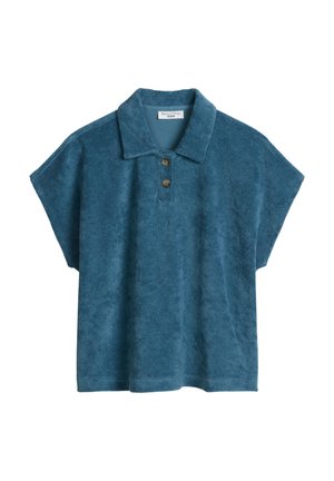 Blauw poloshirt van badstof met korte mouwen, kraag en twee knopen, wijde pasvorm, voorzien van label Marc O'Polo Denim.