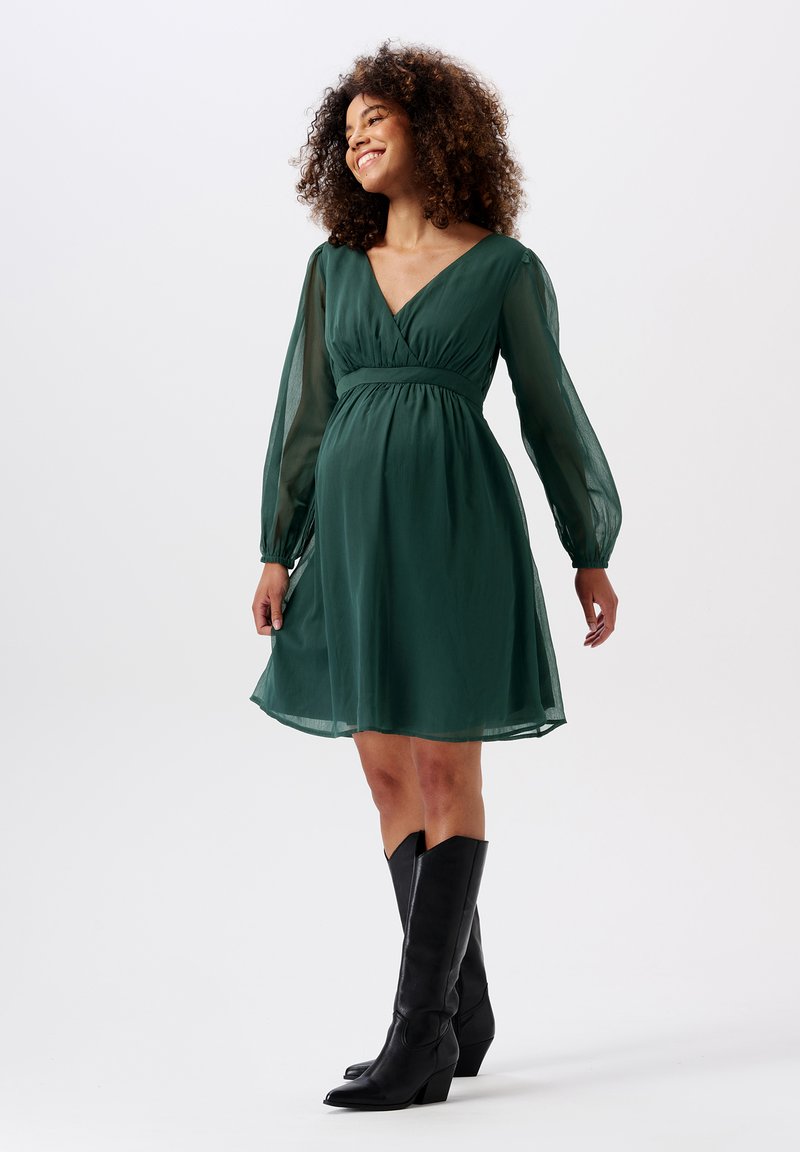 Green, A-line dress with long sheer sleeves and a v-neckline, cinched waist, and flowy skirt. Worn with black, knee-high cowboy boots.