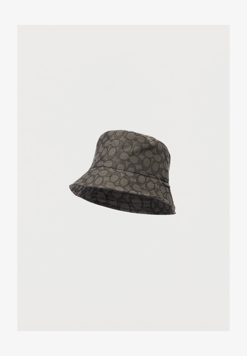 Bucket-Hut aus dunkelgrauem Stoff mit einem kreisförmigen Muster. Verfügt über einen breiten, flexiblen Rand und eine strukturierte Oberfläche.