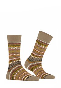 Calze lavorate a maglia con motivi in toni terrosi di marrone, arancione e verde, caratterizzate da vari design geometrici e floreali con una parte superiore a coste.