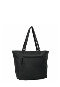 Borsa a tracolla nera in pelle con doppi manici, superficie texturizzata e una tasca con zip frontale per una maggiore funzionalità. Design spazioso e strutturato.