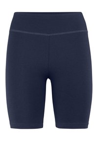 Navyblaue, enganliegende Sportshorts aus einem dehnbaren Stoff, mit einem breiten Bund und in mittellanger Länge bis zur Mitte des Oberschenkels. Glatte Textur, ohne Muster.