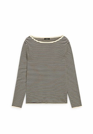 Zwart-wit horizontaal gestreept shirt met lange mouwen en een ronde halslijn op een witte achtergrond.