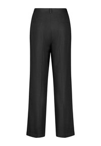 Schwarze Hosen mit geradem Bein, zwei Gesäßtaschen und einer glatten Textur. Keine sichtbaren Muster oder Akzente.