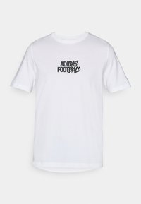 Hvid bomulds T-shirt med korte ærmer, prydet med et sort Adidas Football grafik på forsiden. Standard crewneck design.