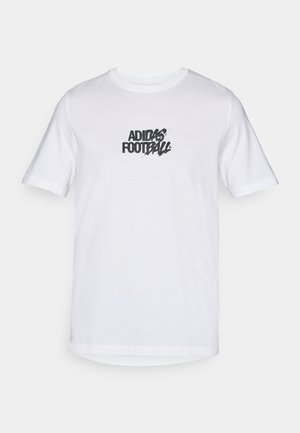 White cotton t-shirt with short sleeves, featuring a black Adidas Football graphic on the front. Standard crewneck design.