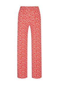 Rode, wijdvallende broek met een wit abstract patroon. Gemaakt van lichte stof, met een elastische tailleband voor comfort.