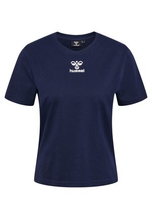Navyblauwe katoenen t-shirt met een ronde hals, korte mouwen en een wit "hummel" logo op de borst. Gladde textuur, reguliere pasvorm.