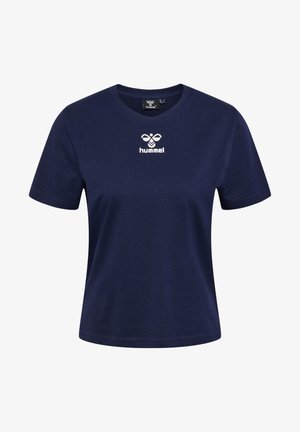 Granatowa bawełniana koszulka z okrągłym dekoltem, krótkim rękawem i białym logo "hummel" na piersi. Gładka tekstura, standardowy krój.