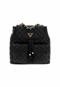 Sac à dos matelassé noir avec une bandoulière en chaîne dorée, des rabats à l'avant et deux poches avant. Comprend une plaque de logo et une fermeture à cordon.