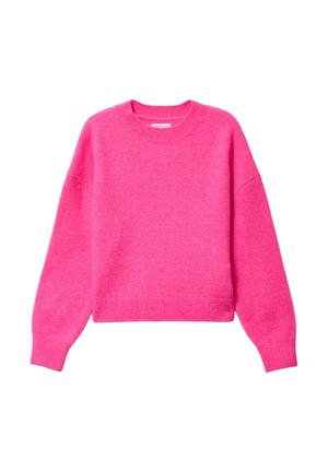 Maglione in lana rosa con scollo arrotondato, maniche larghe, lunghezza corta e polsini e orlo a coste. Texture morbida con un colore vibrante.
