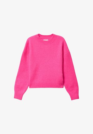 Suéter de lana rosa con cuello redondeado, mangas sueltas, largo recortado y puños y dobladillo acanalados. Textura suave con un color vibrante.