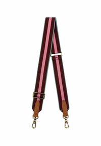 Bordeaux kleurige band met roze en teal strepen, met leren accenten en metalen clips aan beide uiteinden voor bevestiging. Vlakke, geweven textuur.