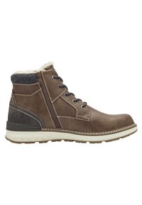 Bottines en cuir marron avec doublure en fausse fourrure, lacets à l'avant, fermeture éclair sur le côté et accents en textile gris contrastants. Semelle en caoutchouc pour l'adhérence.
