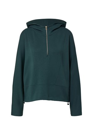 Grüne Kapuzenjacke mit halbem Reißverschluss, geräumiger Kapuze und langen Ärmeln. Aus glattem Stoff gefertigt, mit lockerem Schnitt und verstellbaren seitlichen Säumen.