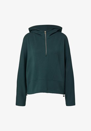 Žalia pūkinė striukė su daliniu užtrauktuku, erdvia kapuce ir ilgomis rankovėmis. Pagaminta iš lygaus audinio, laisvo kirpimo ir reguliuojamomis šoninėmis briaunomis.