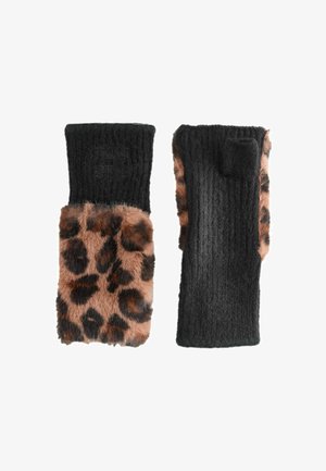Mustad kootud sõrmikuta kindad, mille peopesadel on leopardikujuline kunstkarv, ribi tekstuur ja peen reljeefne logo.