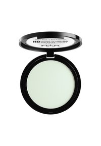 Groene crème poeder in een ronde zwarte compact met een doorzichtige deksel en een binnenste reflecterende oppervlakte. Glad textuur, minimalistisch ontwerp, compacte grootte.