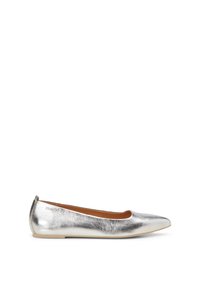 Chaussure plate en métal argenté avec un bout pointu, texture lisse et design minimaliste. Elle possède une doublure intérieure douce et une semelle flexible.