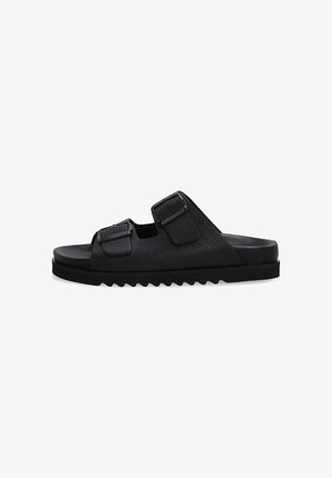 Zwarte slip-on sandalen van gestructureerd synthetisch materiaal. Voorzien van twee verstelbare gespen en een gevoerd voetbed met een gegroefde zool.