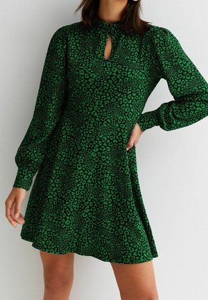 Woman wearing a long-sleeve green dress with black leopard print, keyhole neckline, and flared skirt, standing with one hand on hip.