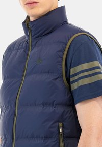 Marinblå vadderad väst med hög krage, fullständig dragkedja fram och sidfickor. Accenterad med olivgrön kant. Bärs över en blå skjorta med ränder.