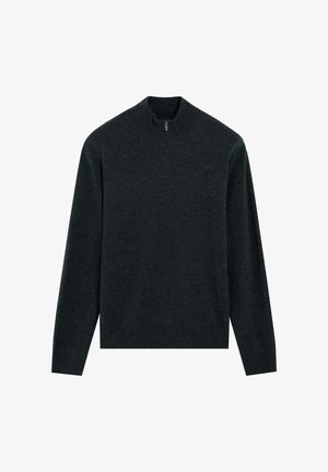 Dunkelgrauer Pullover mit hohem Kragen und Reißverschluss. Hergestellt aus weichem Stoff mit langen Ärmeln und geradem Schnitt. Minimalistisches Design.