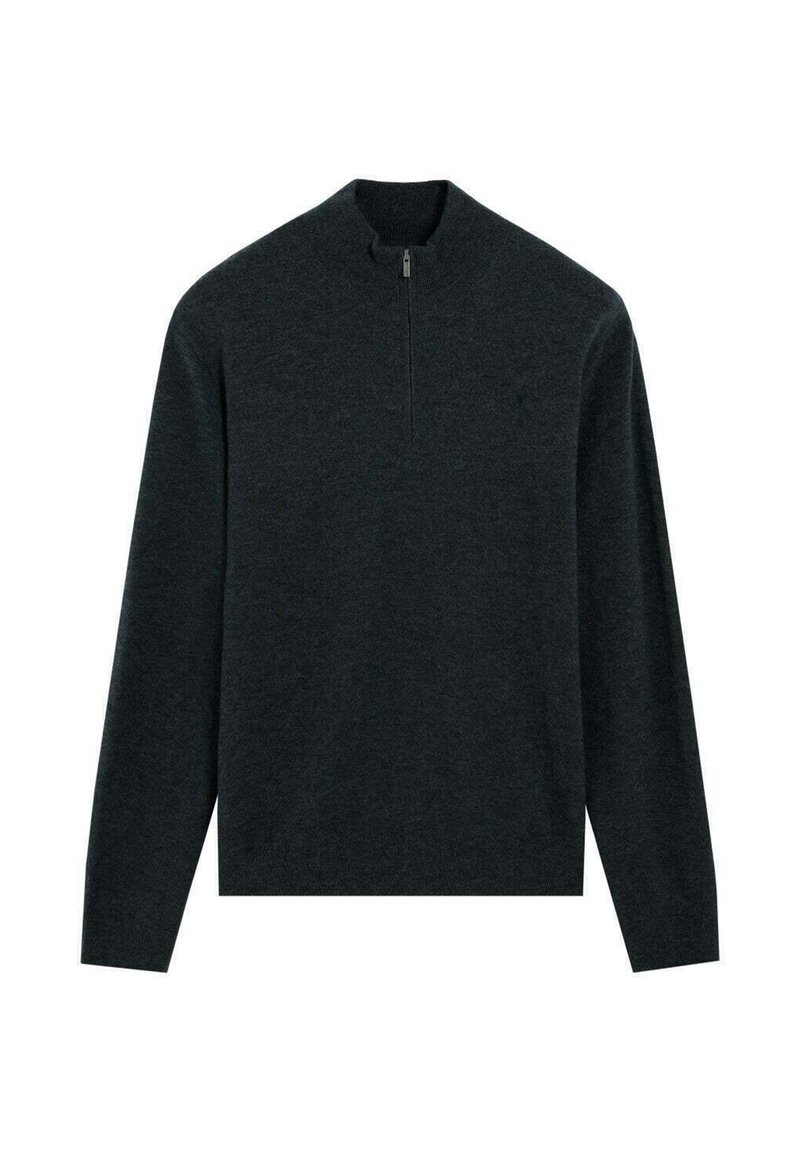 Suéter de pullover gris oscuro con cuello alto y cierre de cremallera. Hecho de un tejido suave, con mangas largas y corte recto. Diseño minimalista.