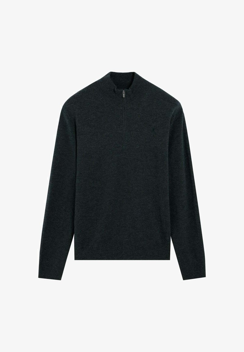 Pull-over gris foncé avec un col montant et une fermeture à glissière. Fait en tissu doux avec des manches longues et une coupe droite. Design minimaliste.