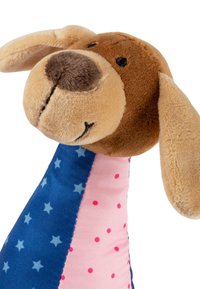 Plush dog toy with light brown floppy ears, dark brown nose, and a body covered in blue star and pink polka dot fabric patterns.