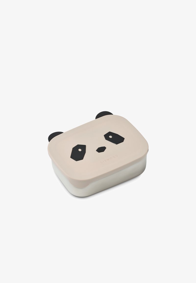 Rechteckige beige-weiße Lunchbox mit Pandagesicht-Design auf dem Deckel und schwarzen Ohren, die aus den oberen Ecken herausragen.