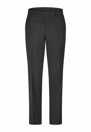 Czarne, dopasowane męskie spodnie wizytowe z przodu zapinane na guzik i zamek błyskawiczny, z szlufkami na pasek i wyprasowanymi fałdami, prezentowane z przodu na białym tle.