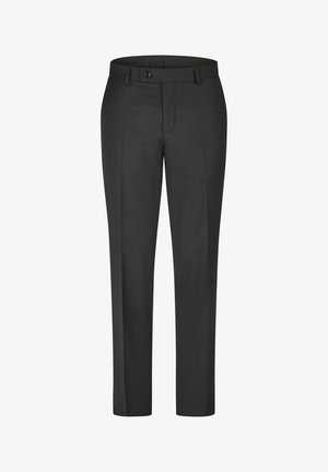 Sorte skræddersyede herrebukser med knap og lynlås foran, bæltestropper og pressede læg, vist forfra på en hvid baggrund.