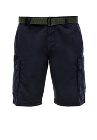 Shorts cargo marine en mélange de coton, avec une ceinture en tissu vert, des poches latérales et une coupe décontractée. Texture lisse, design long jusqu'aux genoux.