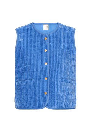 Modra podložena telovnik z navpično rebrasto teksturo, okroglim ovratnikom in zlatim zapiranjem na gumb. Ima dva sprednja žepa z kontrastnim robom.