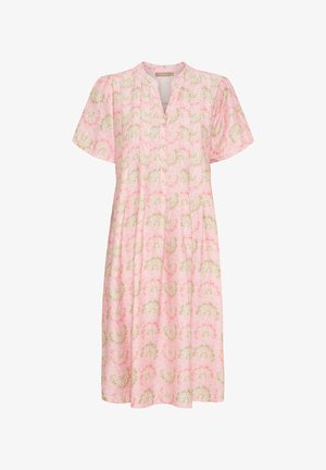 Kortærmet, lyserød kjole med et blomsterdesign i lys grøn og lyserød. Knaplukning fortil og afslappet pasform med folder.