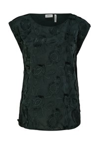 Tmavě zelený top s květinovou výšivkou, kulatým výstřihem a krátkými rukávy. Materiál má mírně průhlednou texturu s vystouplými květinovými vzory.